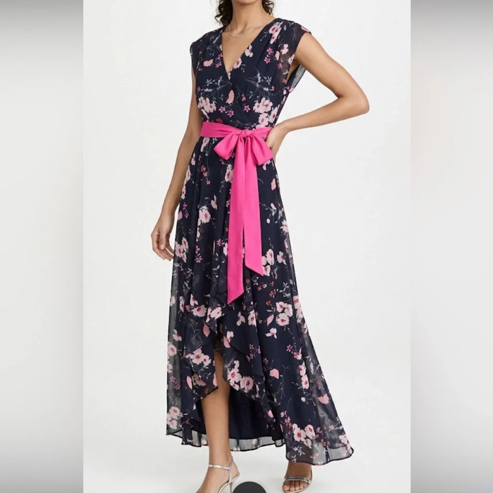 Eliza J NWT Navy and Pink Floral High-Low Maxi Dress with pink sash size 6 - Picture 6 of 14